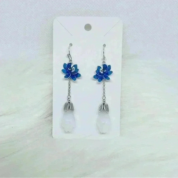 Blue Lotus Dangling Earrings - Picture 3 of 5
